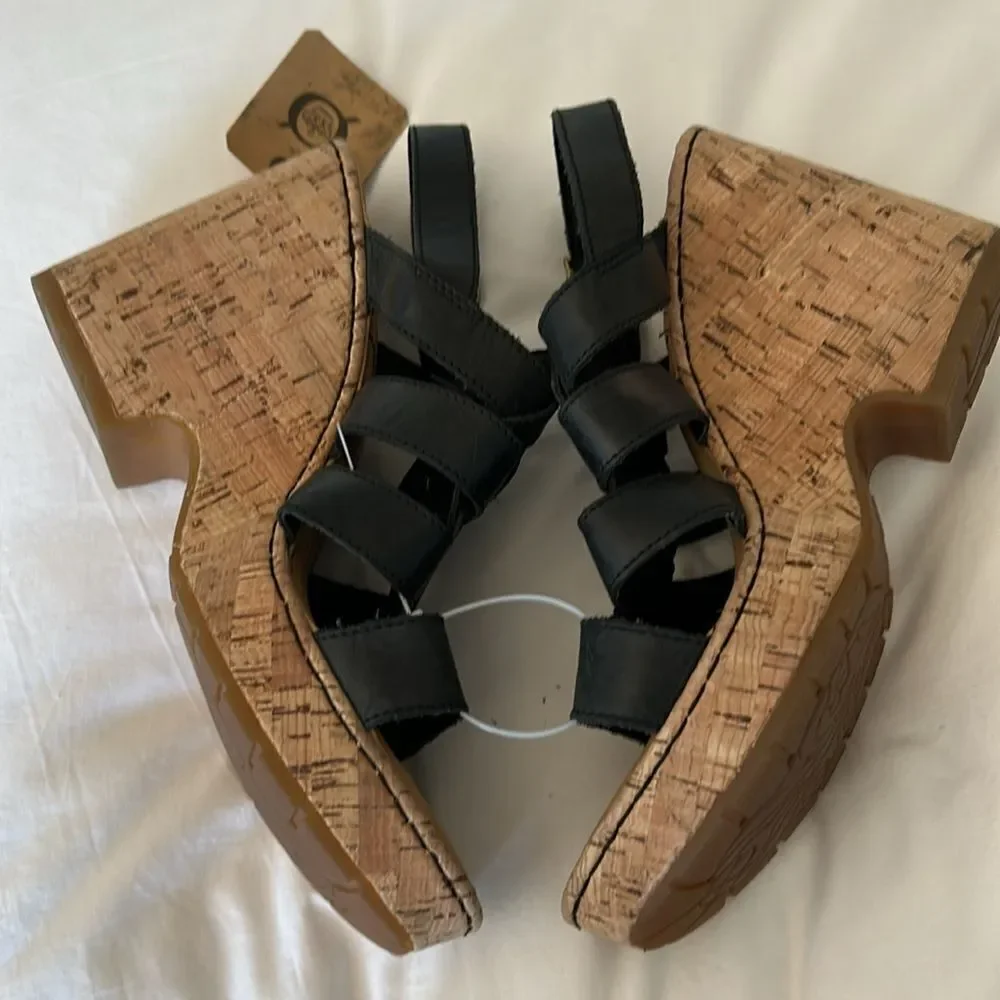 BORN Ankle Strap Sandals Wedge Cork Heels, Black, Size 10,NWT no box